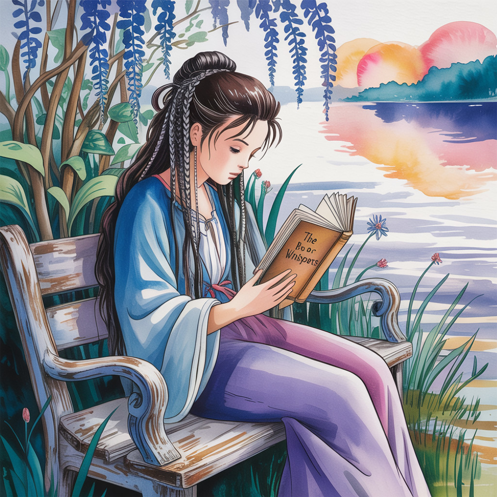 Young Woman Reading by a Tranquil Lake at Sunset