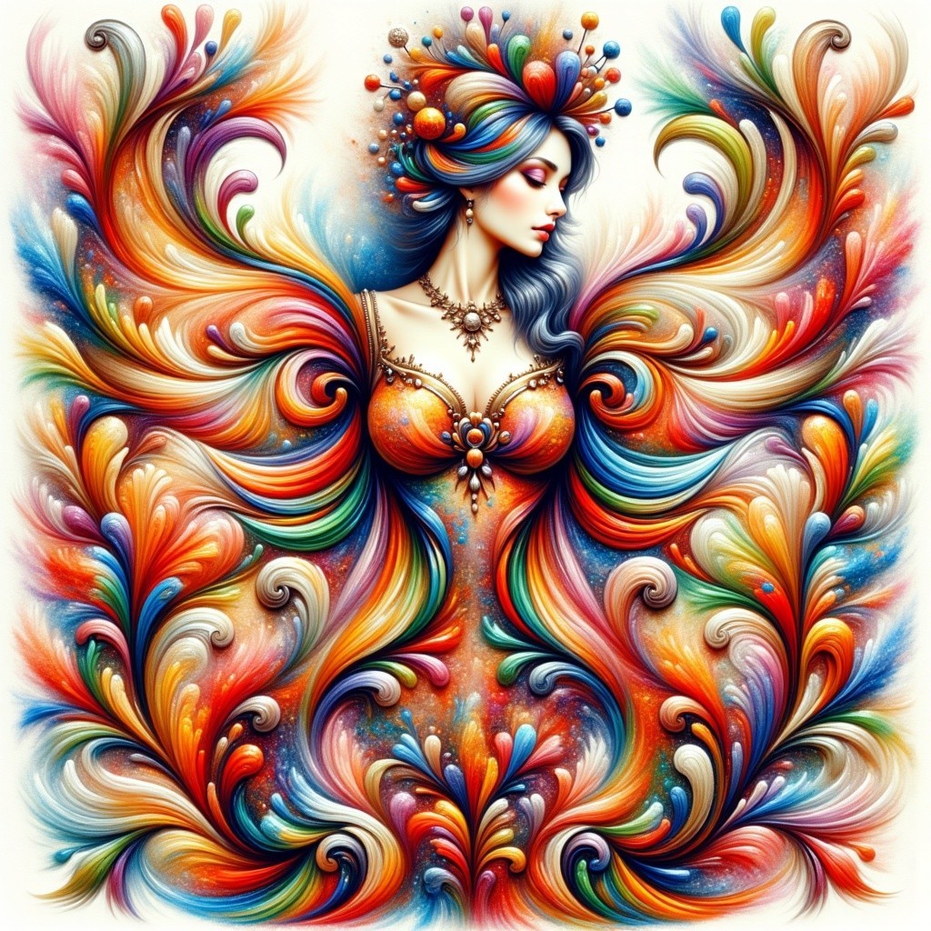 Vibrant Swirling Design with Colorful Gown and Patterns
