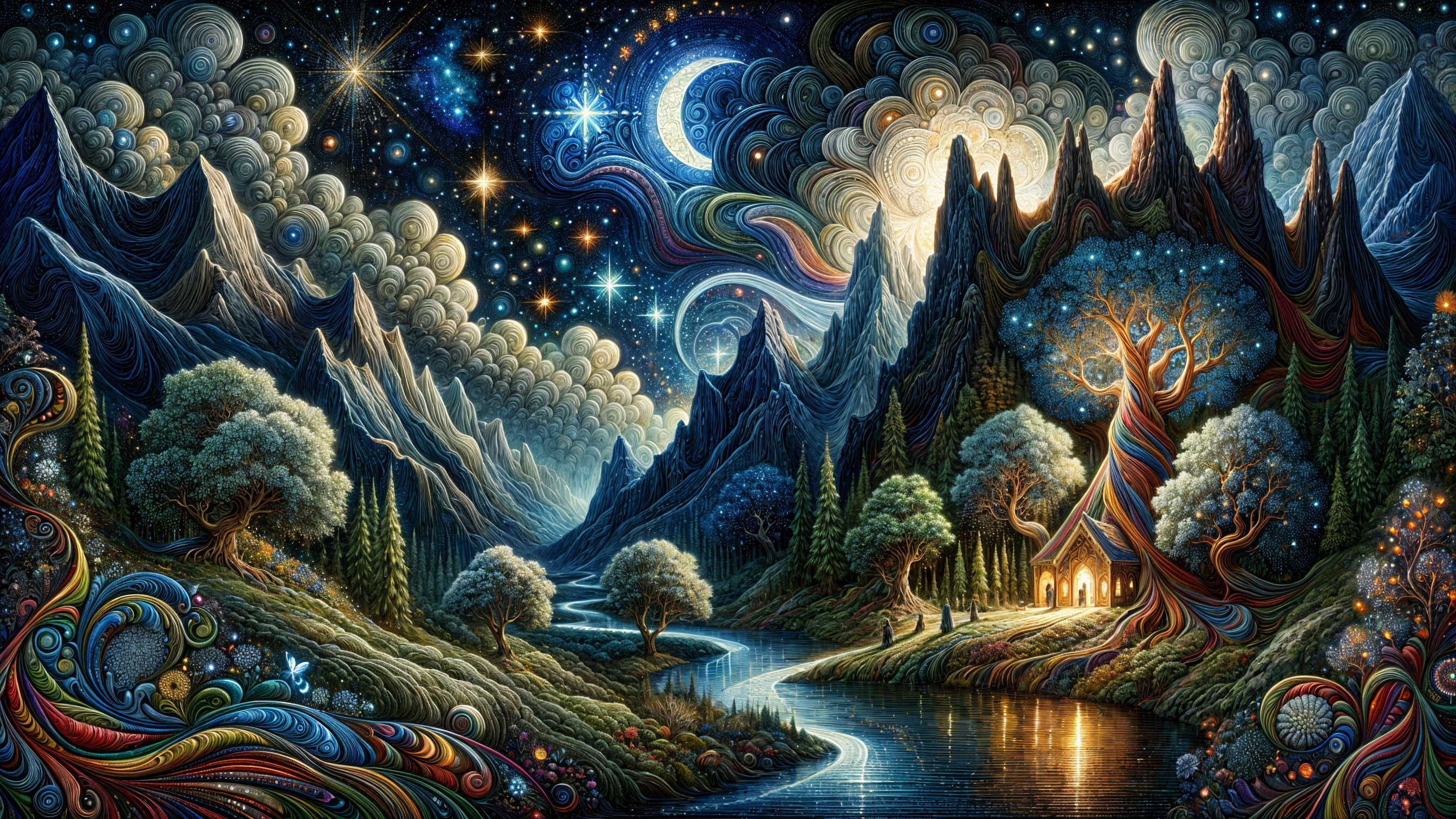Fantastical Landscape with Starry Sky and Vibrant Elements