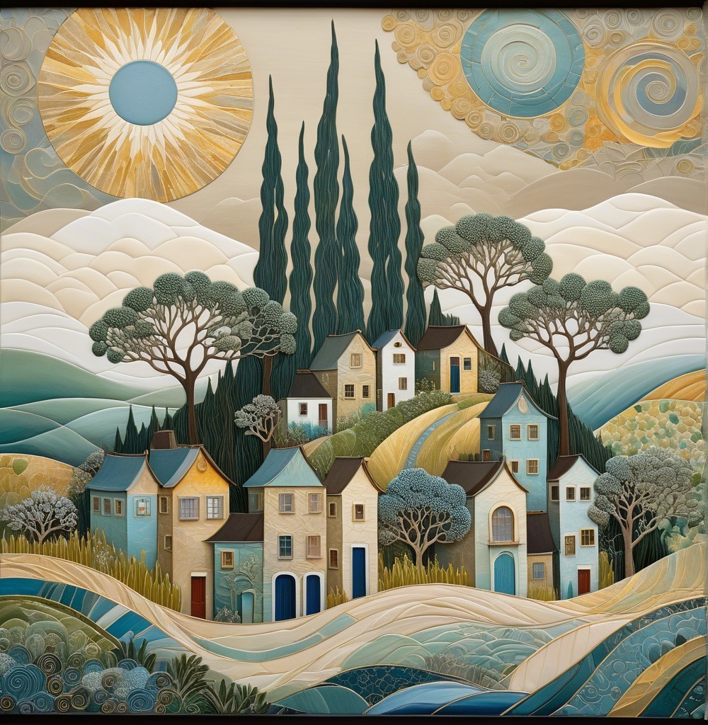 Whimsical Landscape with Stylized Houses and Hills