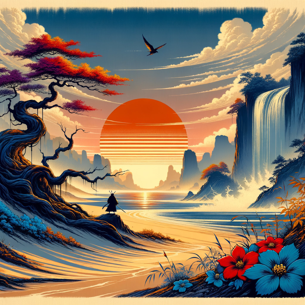 Serene landscape with vibrant sunset and waterfalls