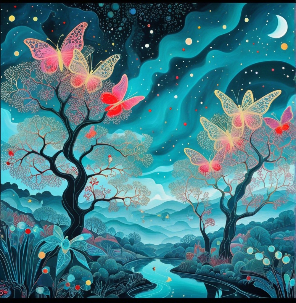 Whimsical Landscape with Ethereal Trees and Butterflies