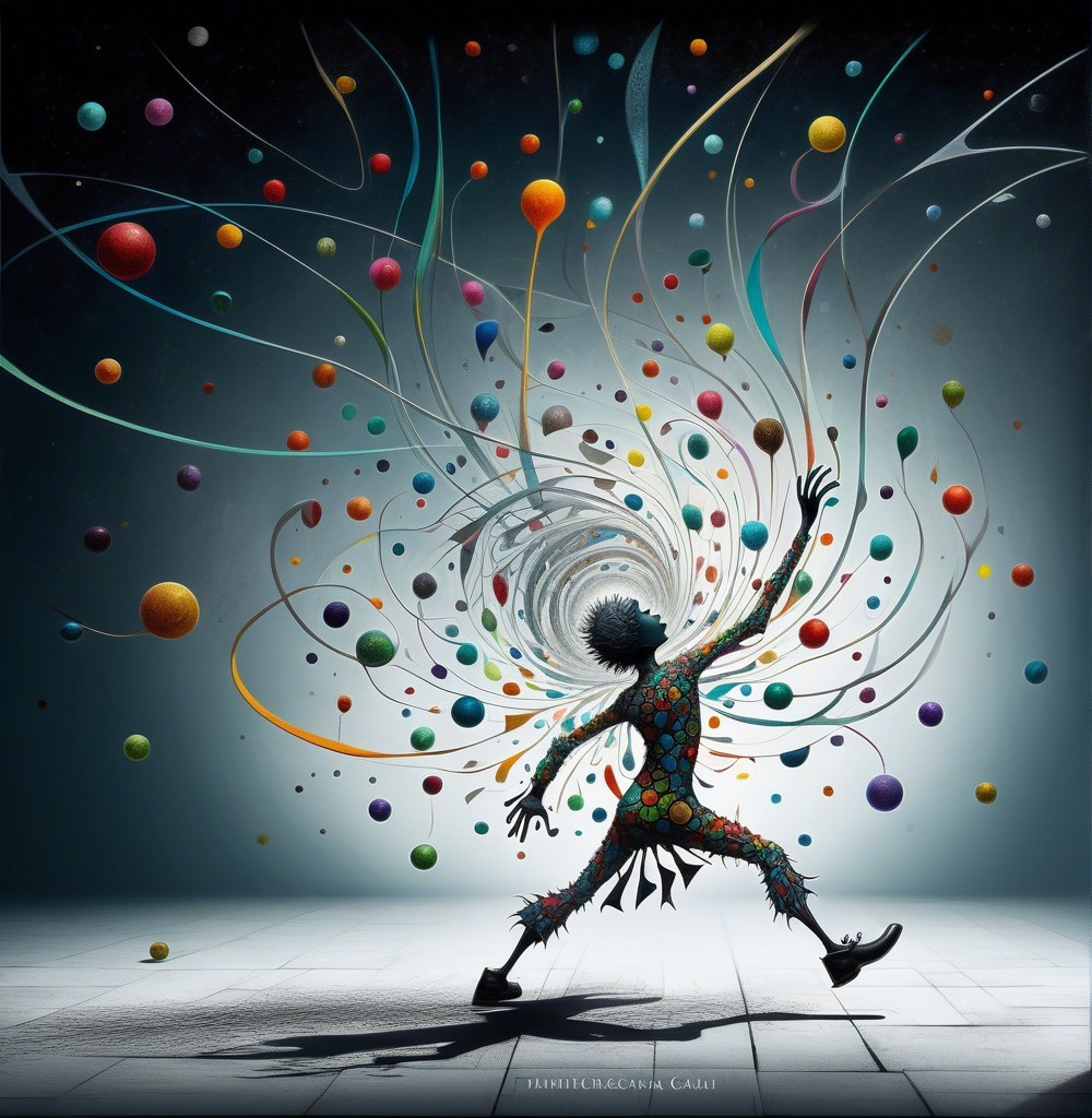 Whimsical Figure in Colorful Attire Amidst Spheres