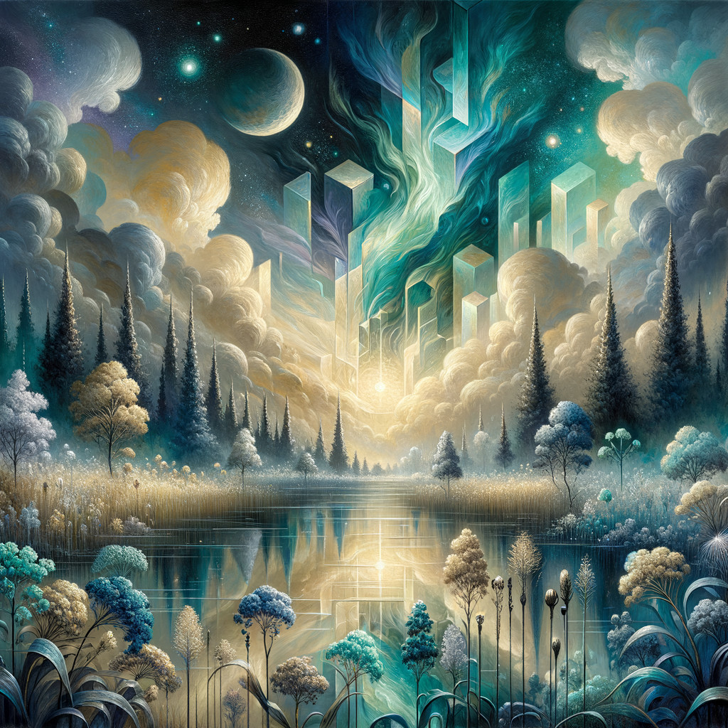 Surreal Landscape with Crystalline Structures and Lake