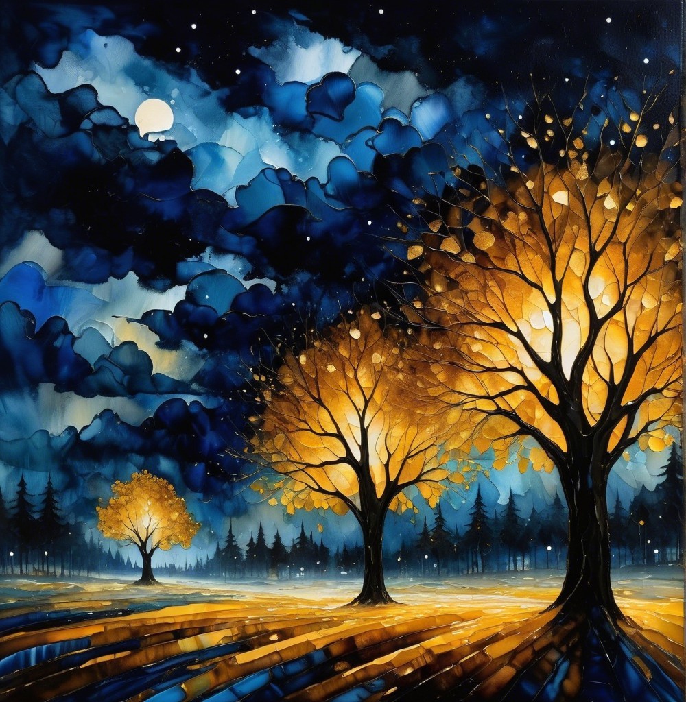 Vibrant Nightscape with Glowing Trees and Moonlight