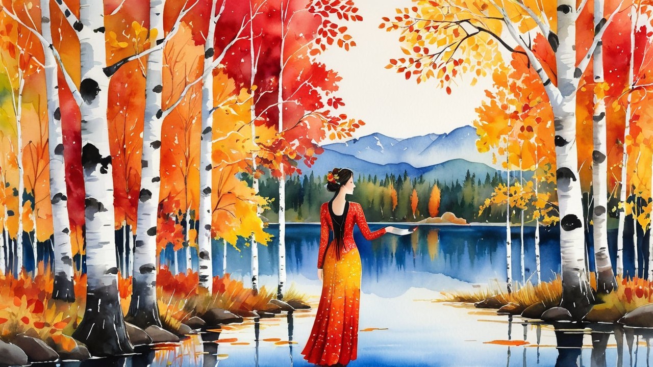 Serene Autumn Landscape with Woman by Tranquil Lake