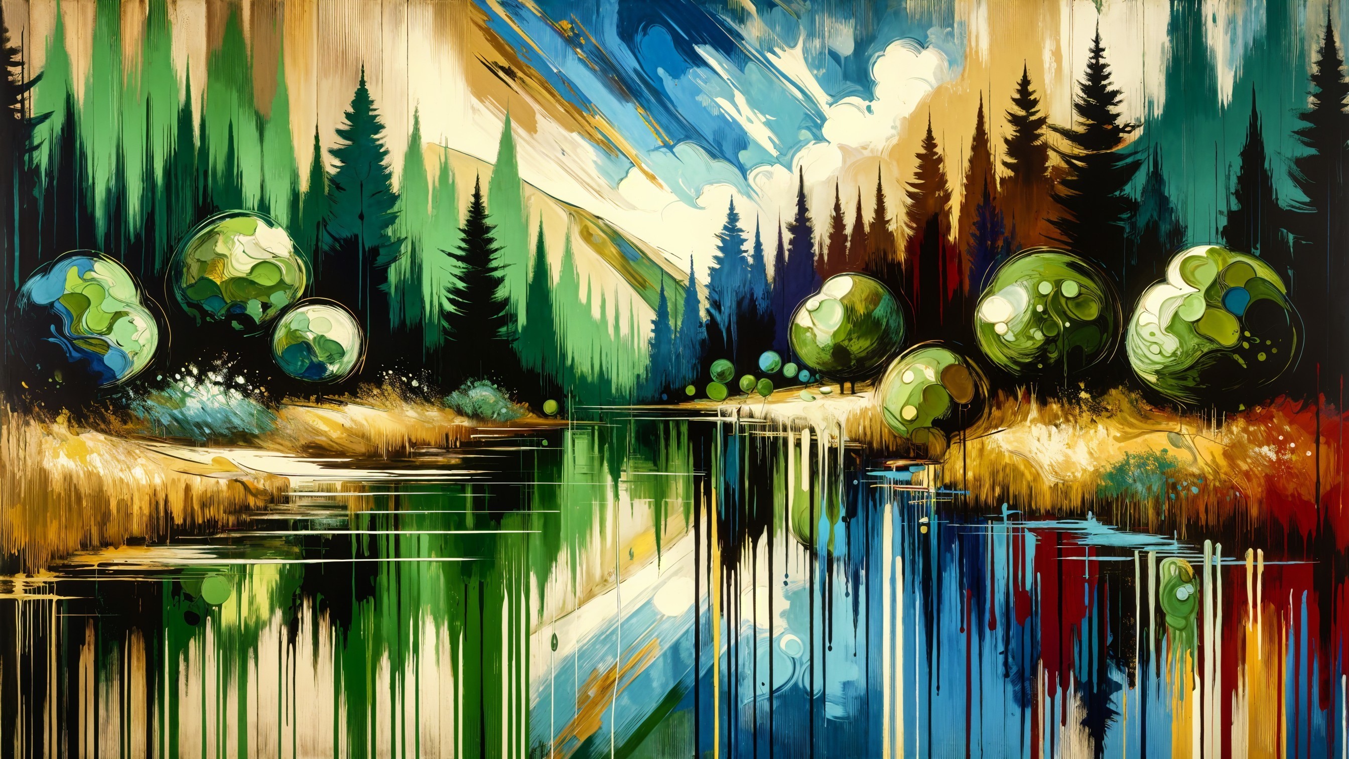 Vibrant Landscape with Serene River and Colorful Sky