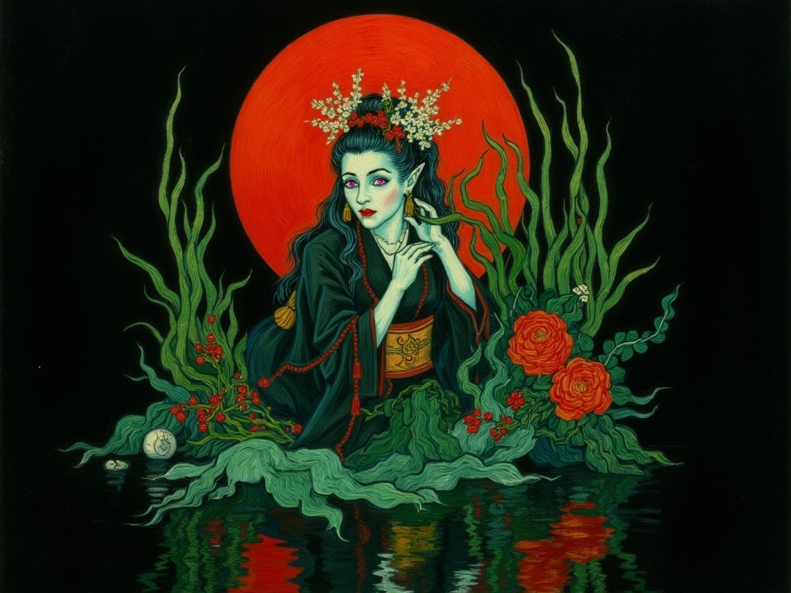 Mystical figure in dark kimono by tranquil waters