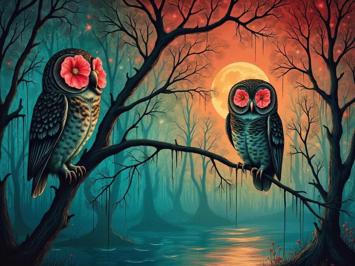 Owls with Hibiscus Flowers in a Mystical Forest at Dusk