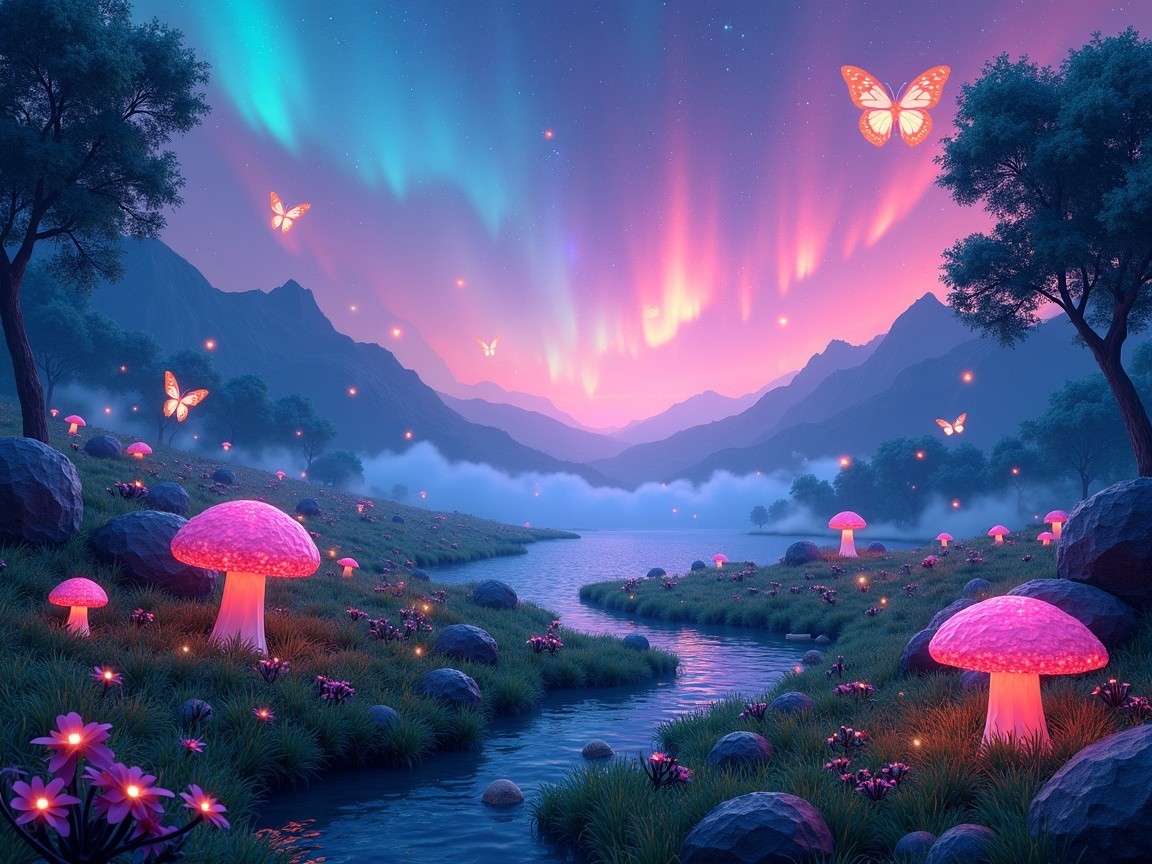 Serene landscape with glowing mushrooms and auroras