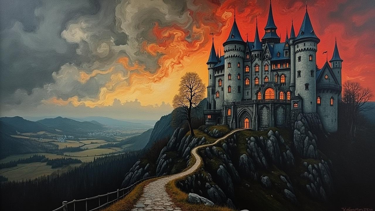 Castle on Hill at Sunset with Dramatic Colors