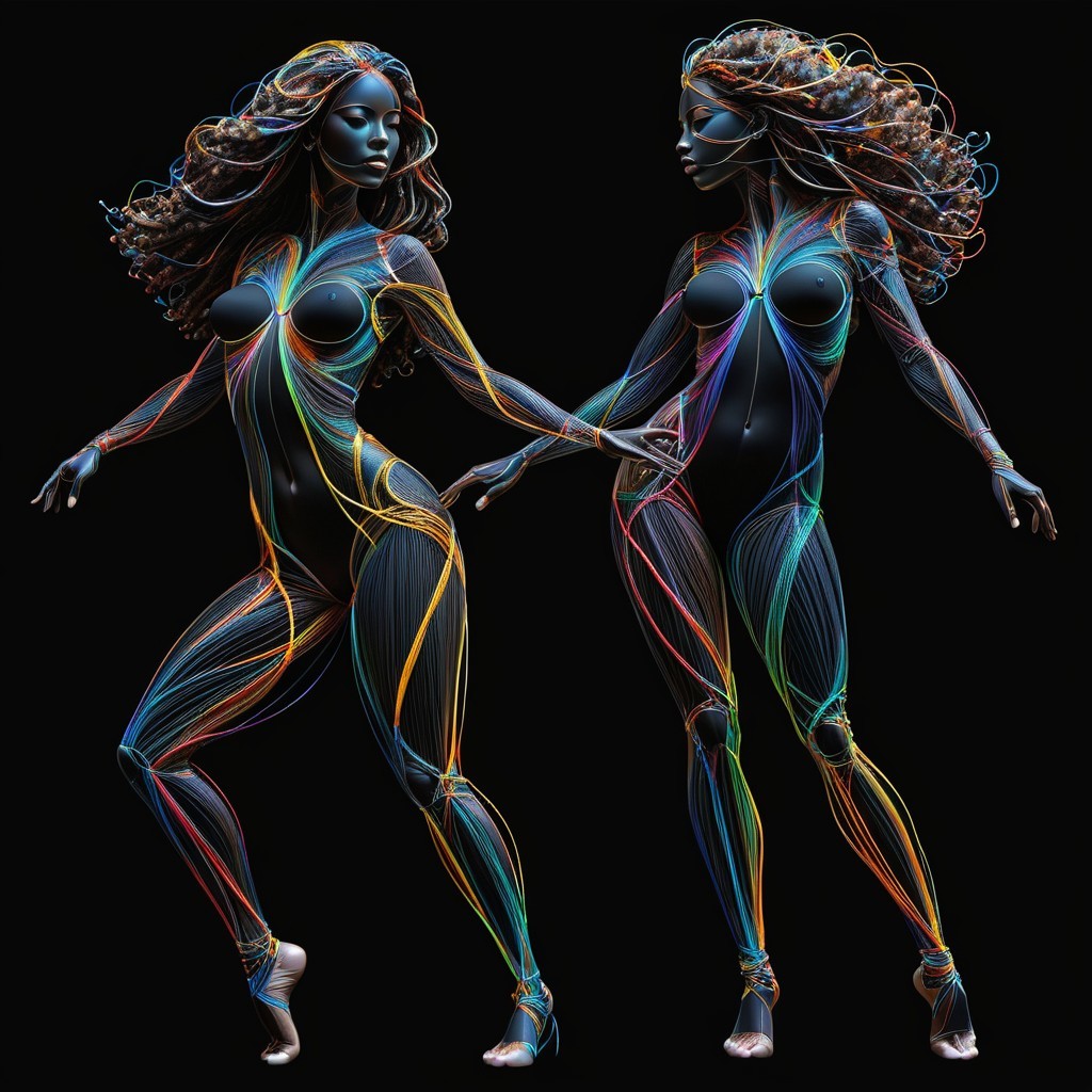 Stylized Female Figures with Colorful Designs on Black