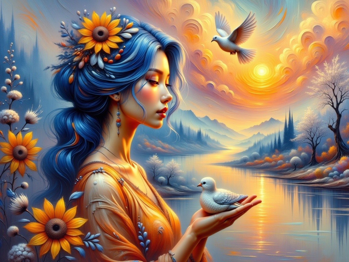 Serene woman with blue hair and sunflowers at sunset