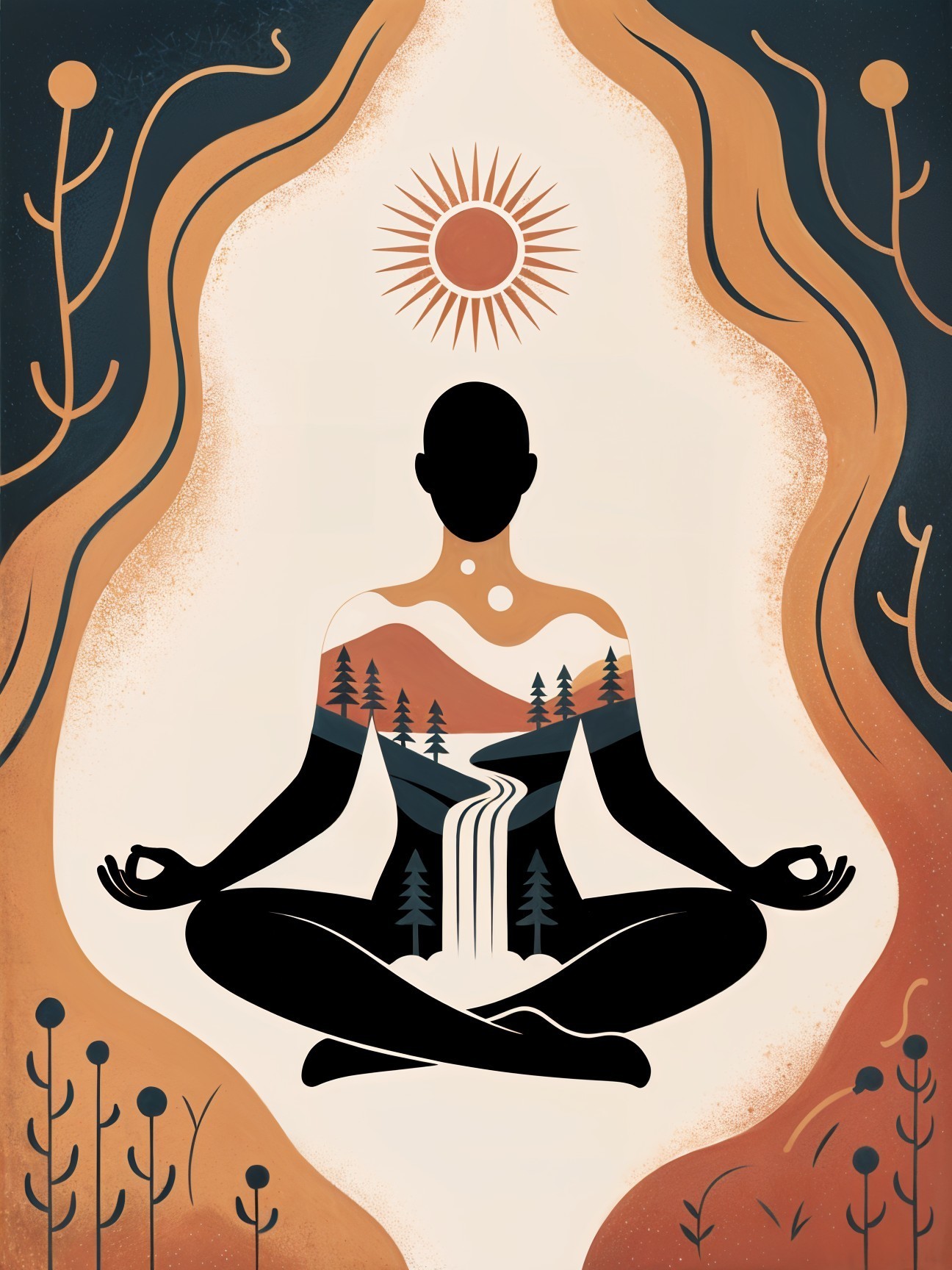 Meditating Figure Silhouette with Tranquil Landscape