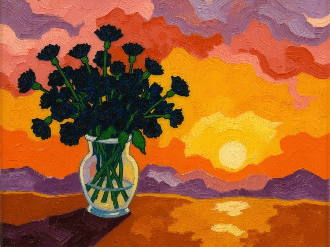 Vibrant Sunset with Deep Blue Roses in a Vase