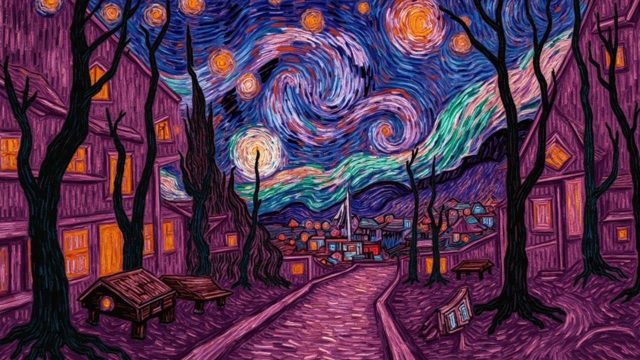 Vibrant Night Sky Over a Quaint Village Landscape