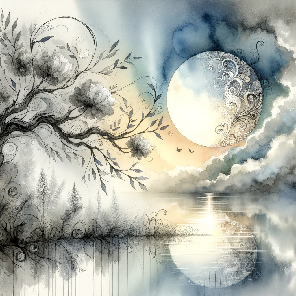 Serene landscape with moonlit lake and floral patterns