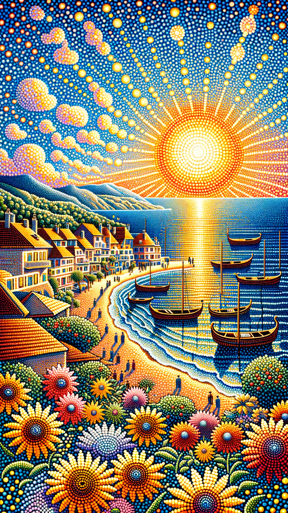 Vibrant Coastal Scene with Sunrise and Village Life
