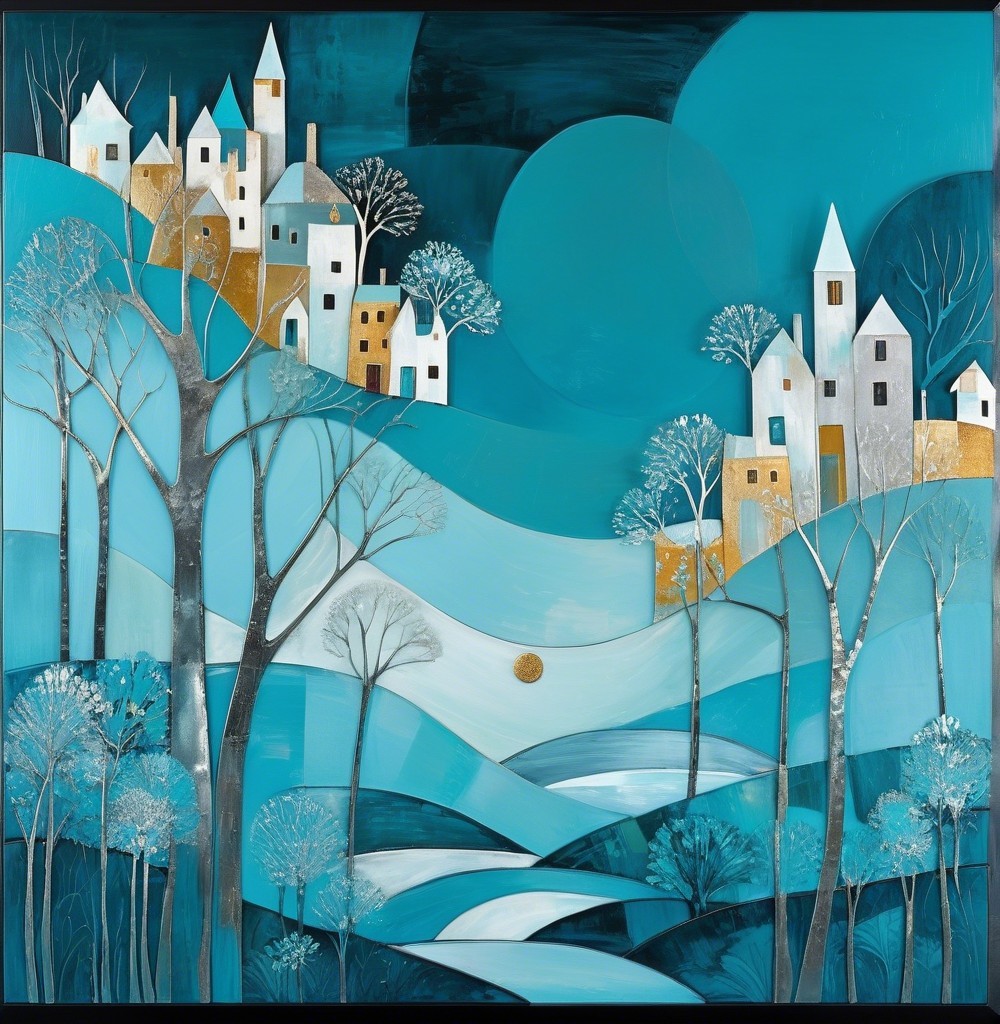 Whimsical Landscape with Houses and Abstract Hills
