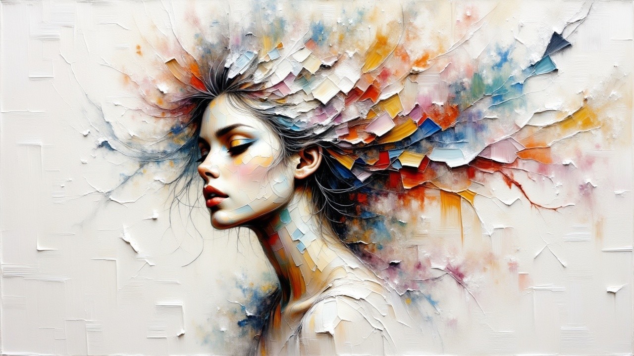Stylized portrait of a young woman with colorful hair