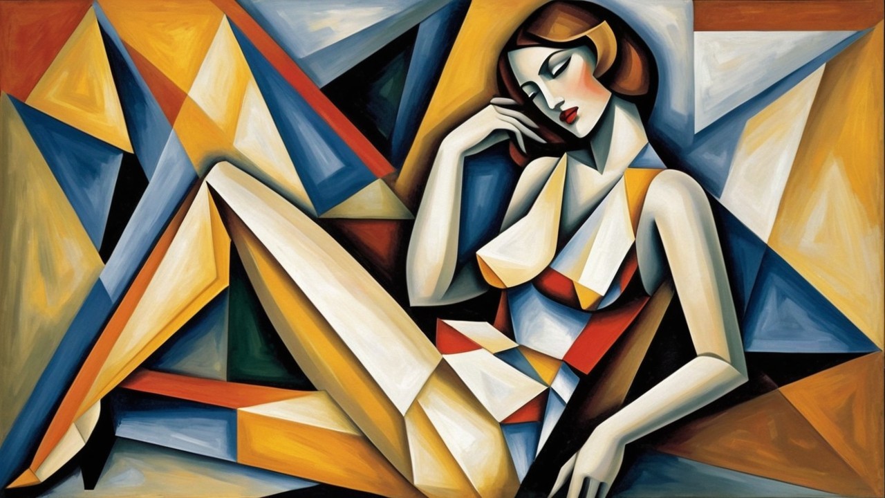 Stylized Female Figure Against Vibrant Geometric Background