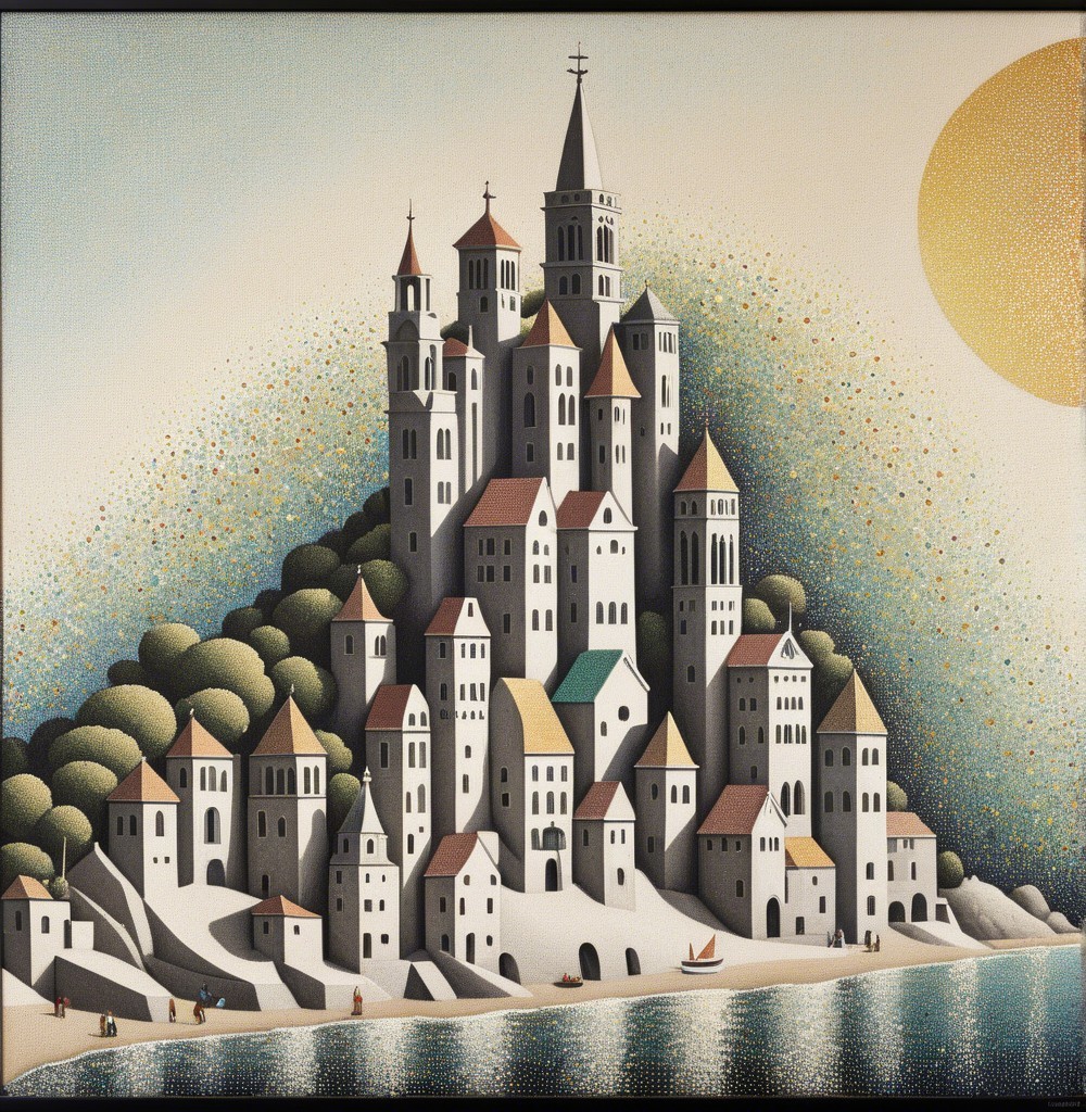 Detailed Castle on a Hill Surrounded by Water