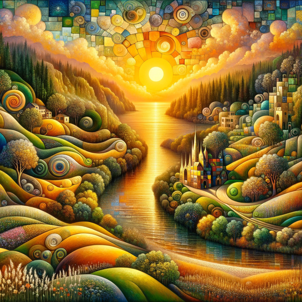 Vibrant Landscape with Rolling Hills and Sunset Reflections