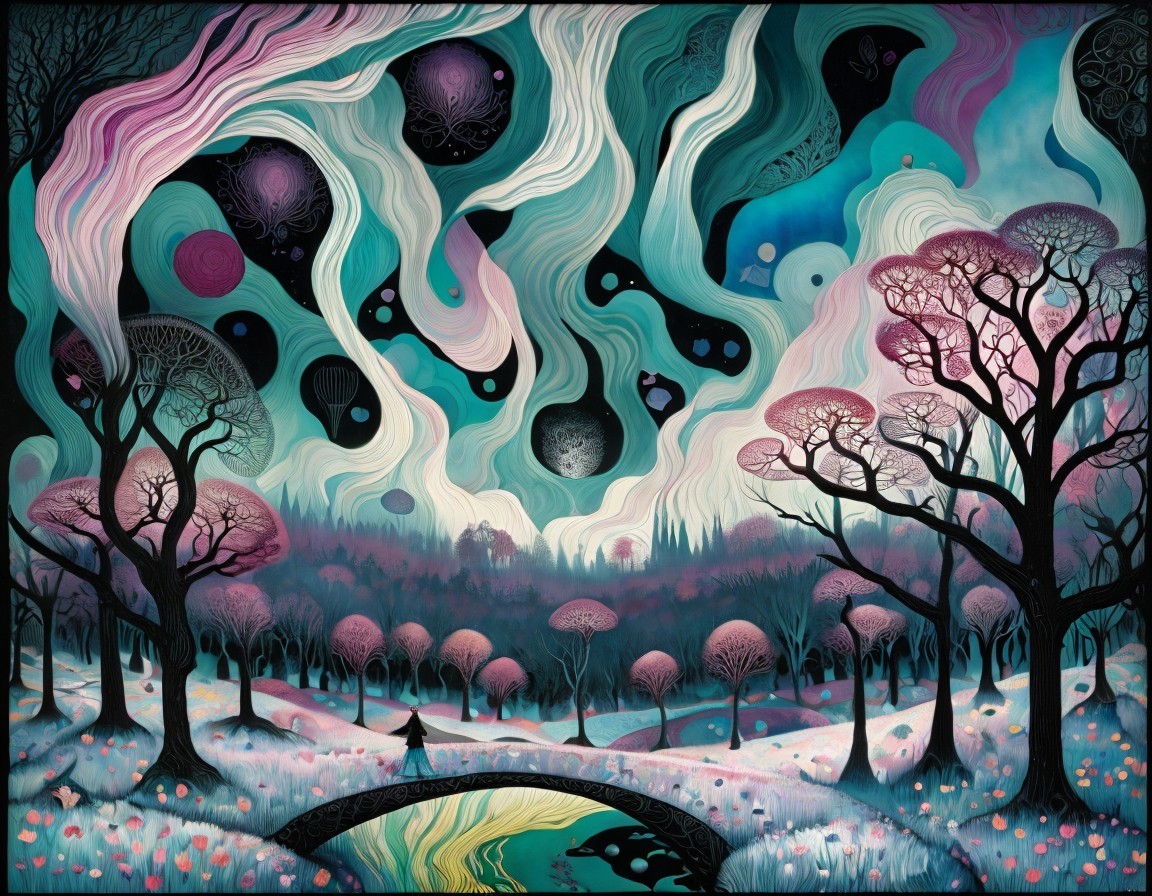 Surreal Landscape with Whimsical Sky and River