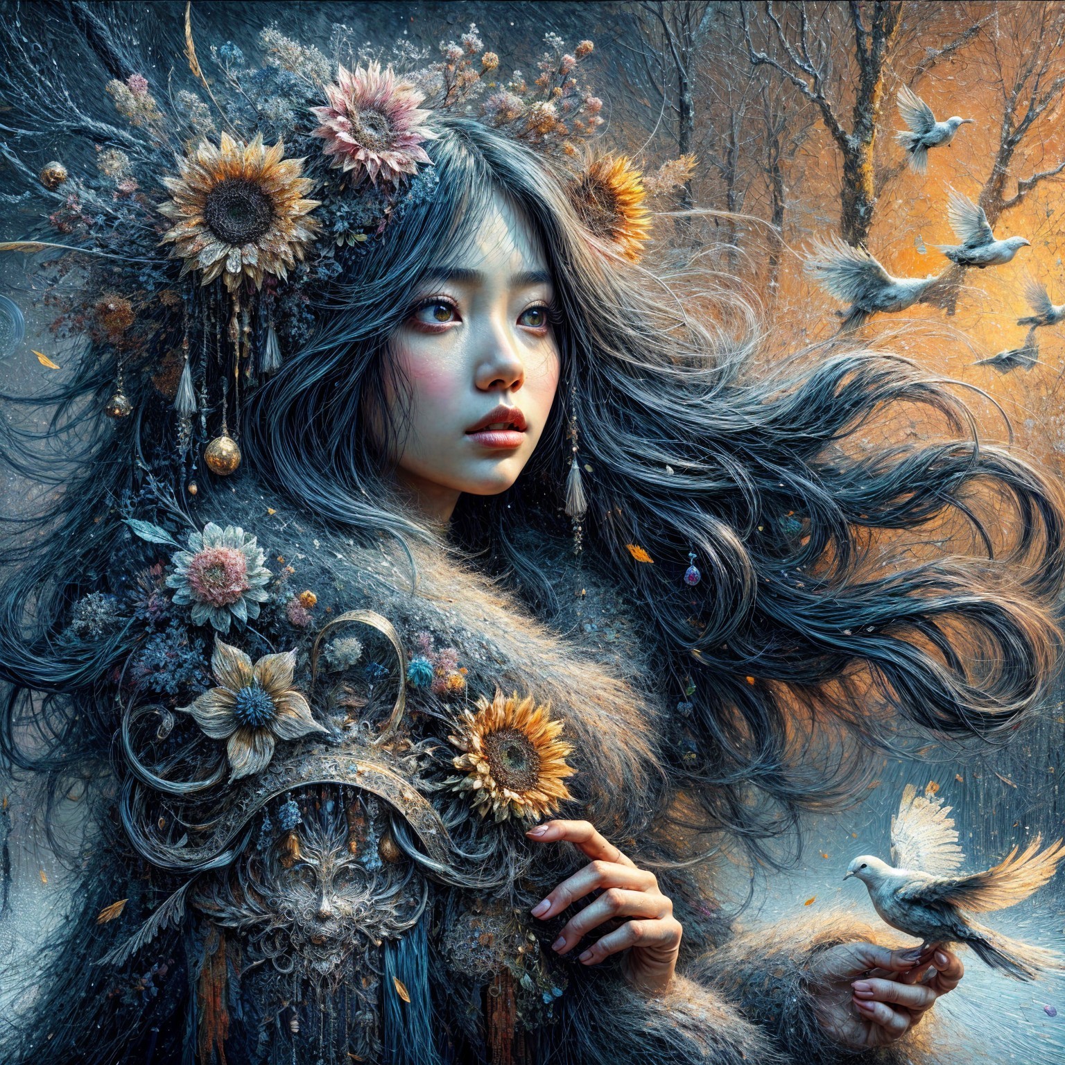 Mystical Portrait of a Woman with Sunflowers and Doves