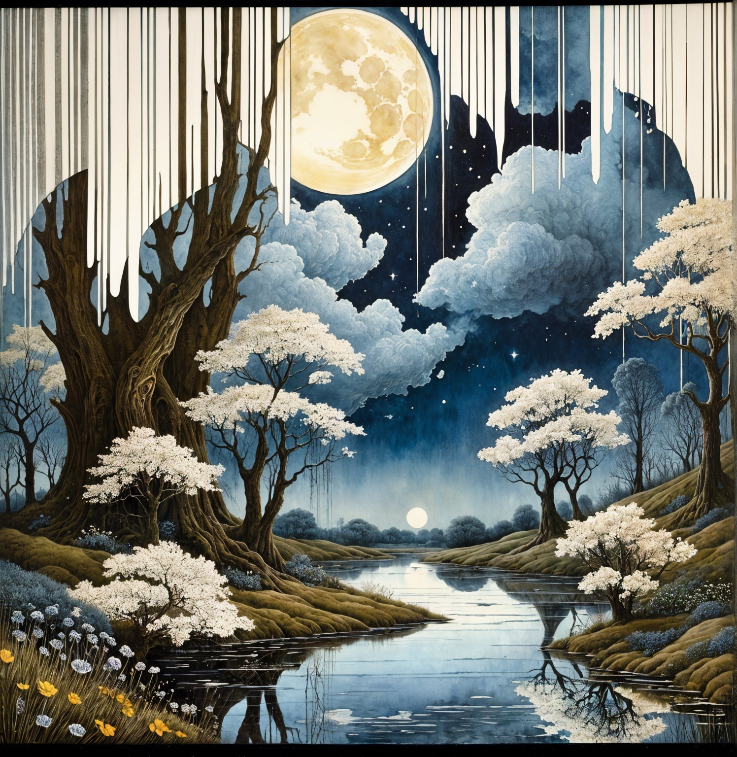 Nighttime River Scene with Moon and Cherry Blossoms
