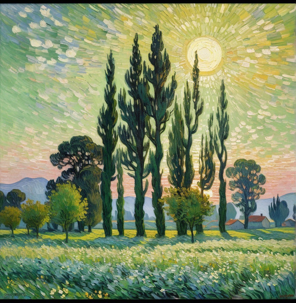 Vibrant Landscape with Cypress Trees and Sunlit Sky