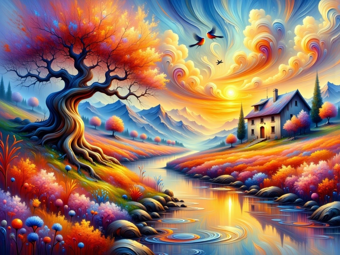 Vibrant Landscape with Sunset Sky and Serene River