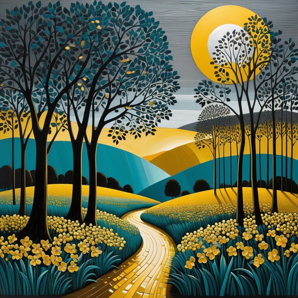 Serene Landscape with Winding Path and Vibrant Fields