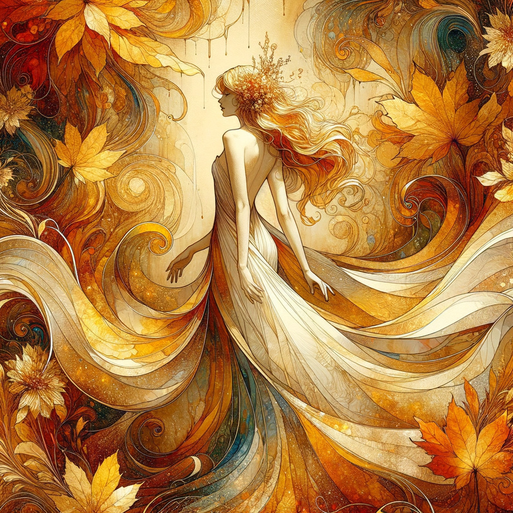 Ethereal Figure in Autumn Leaves and Warm Colors