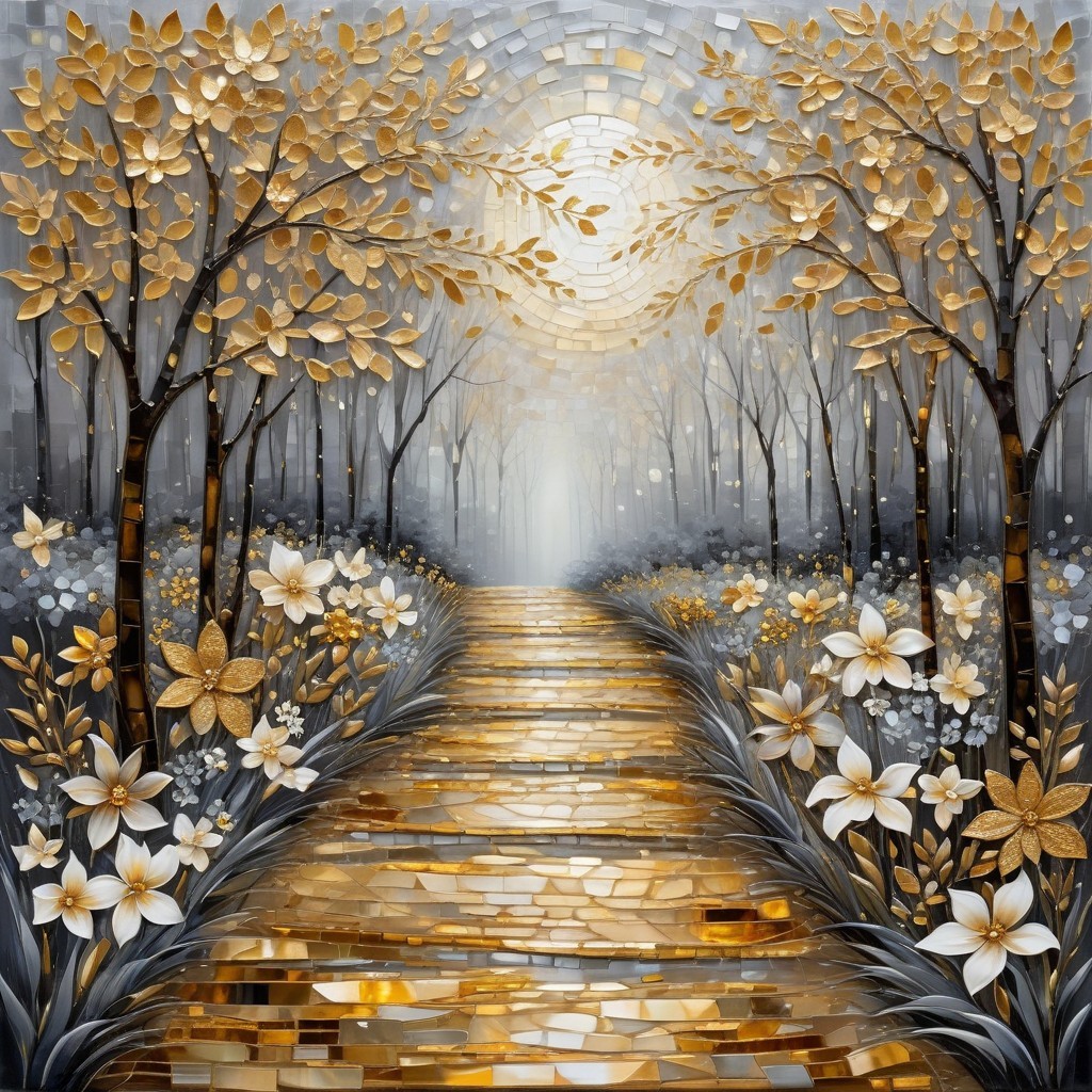 Misty Pathway Surrounded by Golden Trees and Flowers
