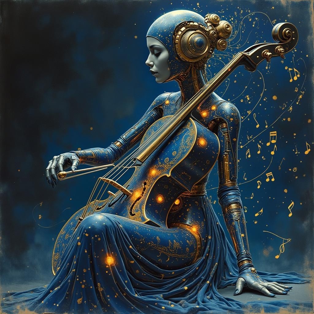 Humanoid Figure in Blue Gown Playing Cello with Notes