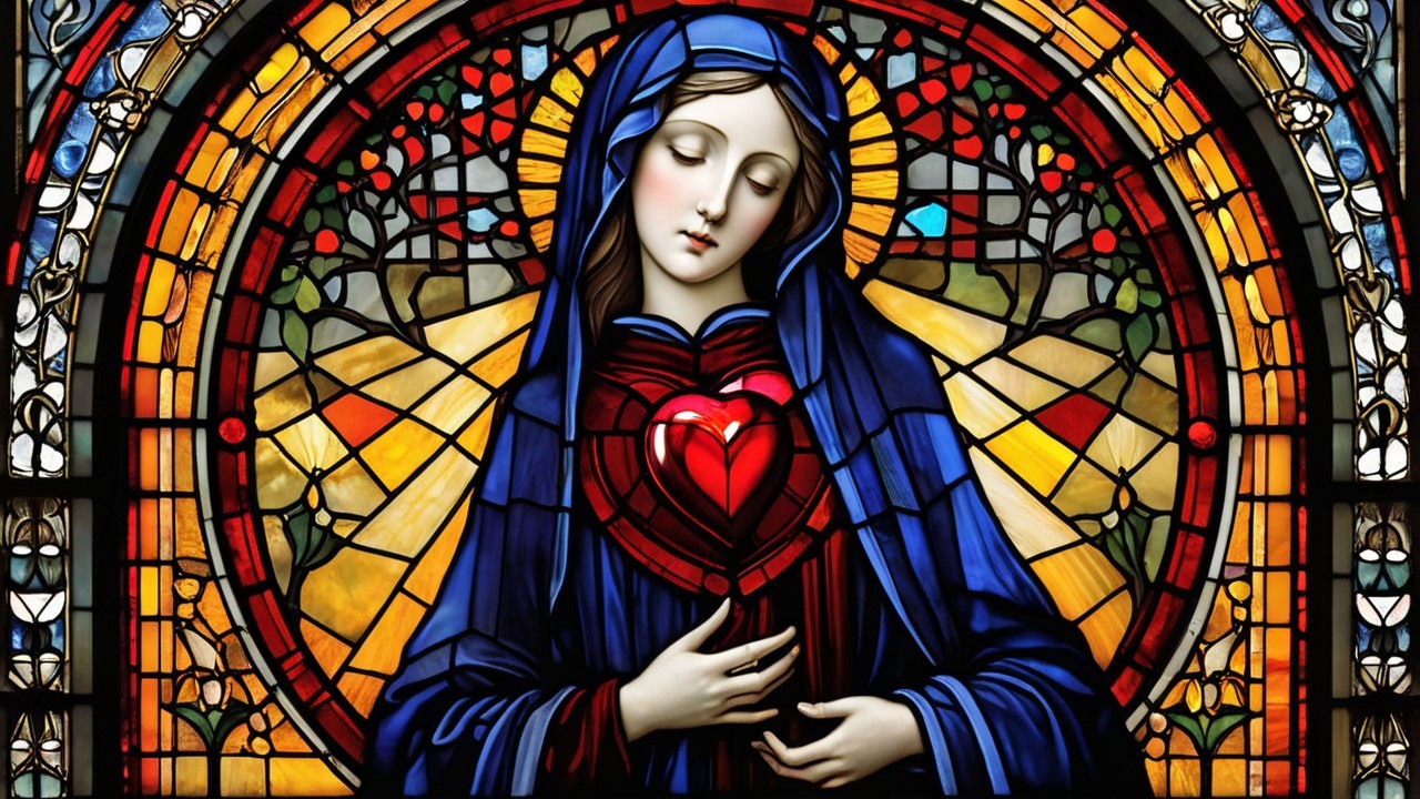 Stained Glass Window of Mary with Heart Symbolism