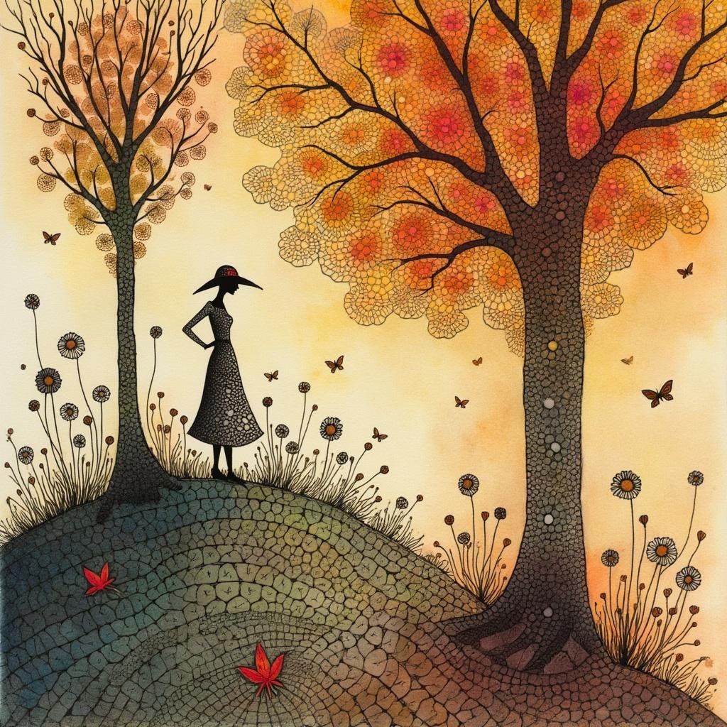 Silhouette of a Woman in Autumn Landscape Setting