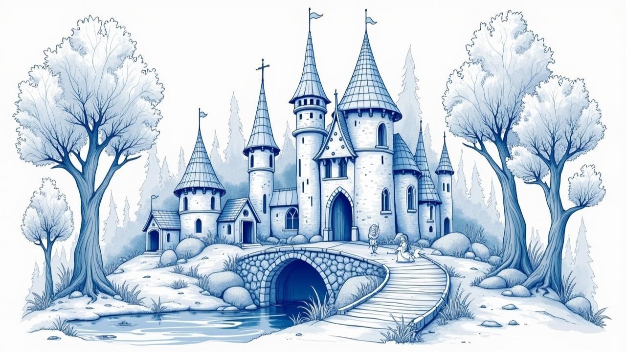 Blue-toned illustration of a fairytale castle scene