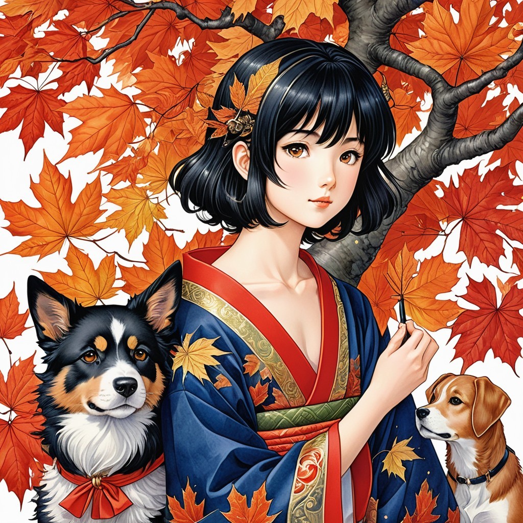 Young Woman in Traditional Attire with Autumn Leaves