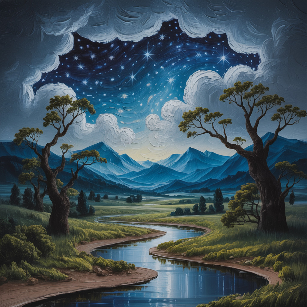 Tranquil River Landscape Under Starry Night Sky