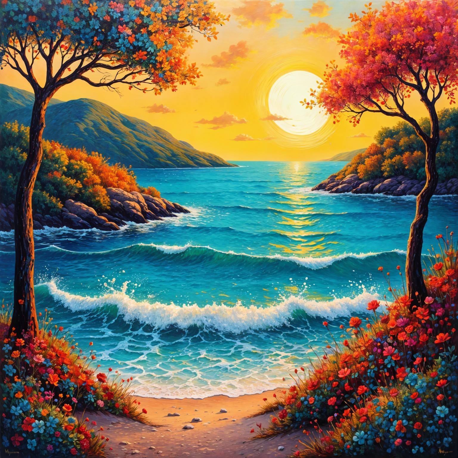 Vibrant Sunset Over Serene Coastal Landscape