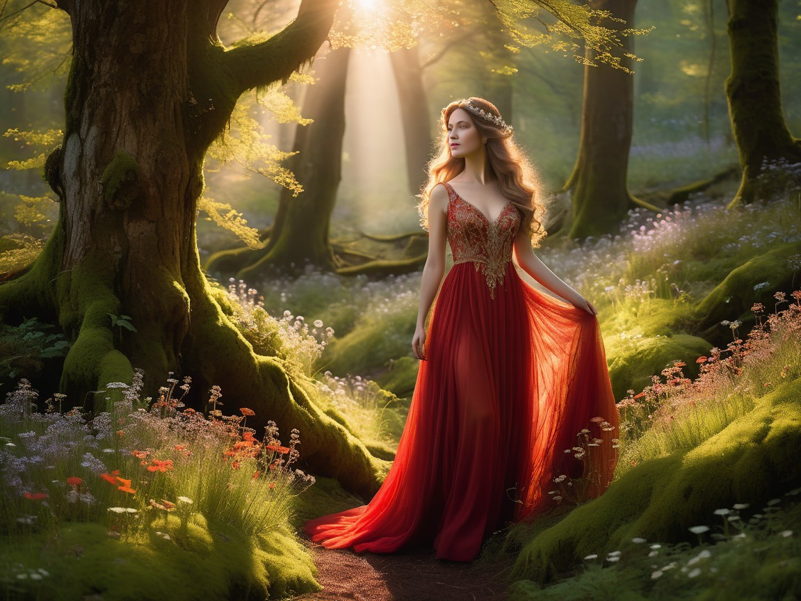 Woman in Red Gown in Sunlit Forest Setting