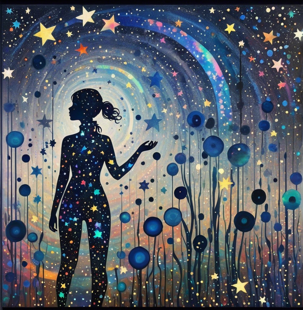 Silhouette of a woman in a vibrant galaxy backdrop