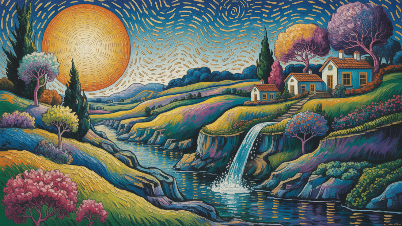 Vibrant Landscape with Sun, Hills, and Waterfall