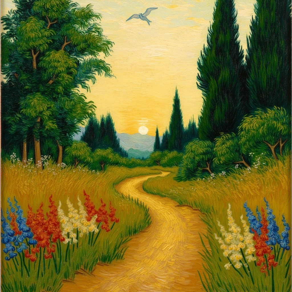 Serene Landscape with Winding Path and Wildflowers