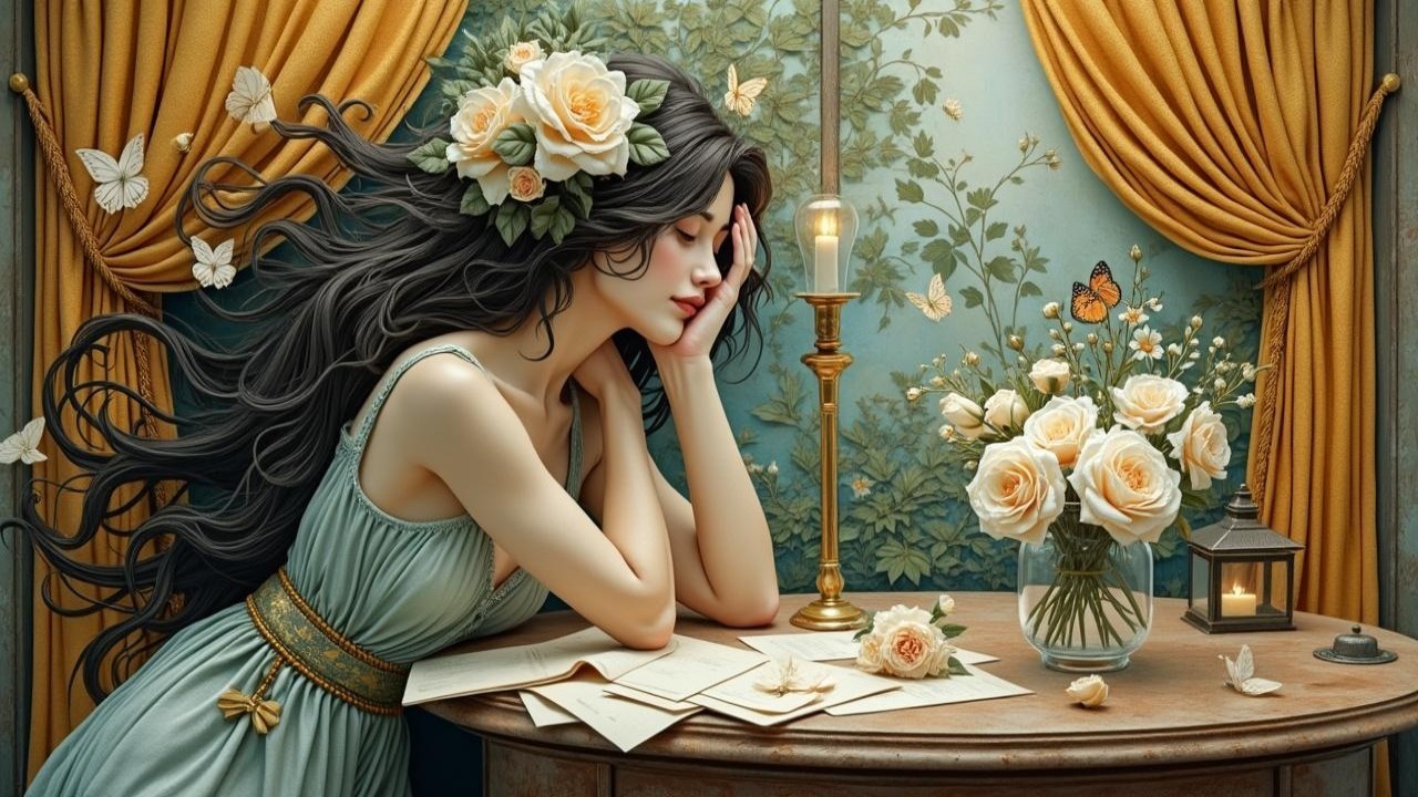 Contemplative Woman with Floral Crown and Roses