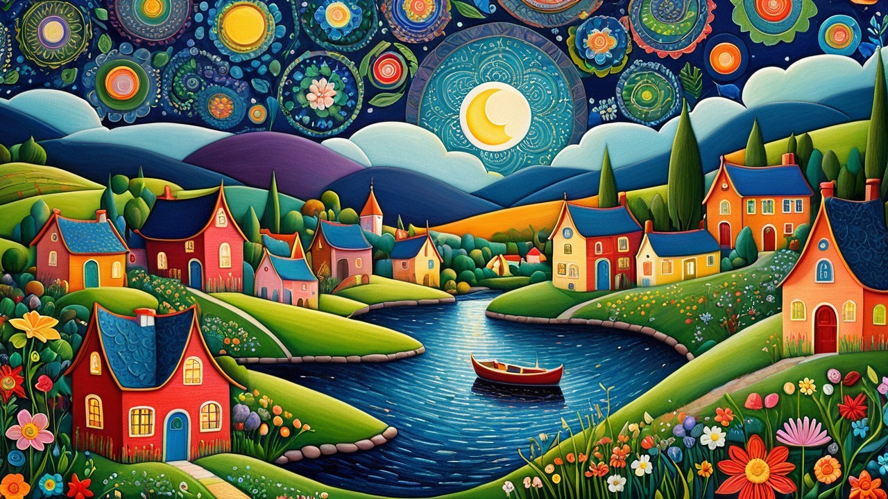 Colorful Houses in a Serene Nighttime Landscape