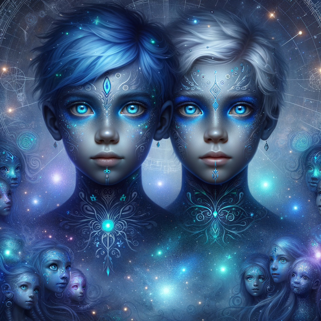 Androgynous Figures in Cosmic Galaxy Setting