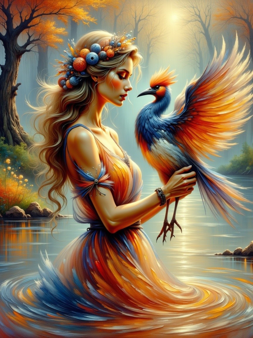 Mythical Woman with Colorful Hair by Tranquil Water